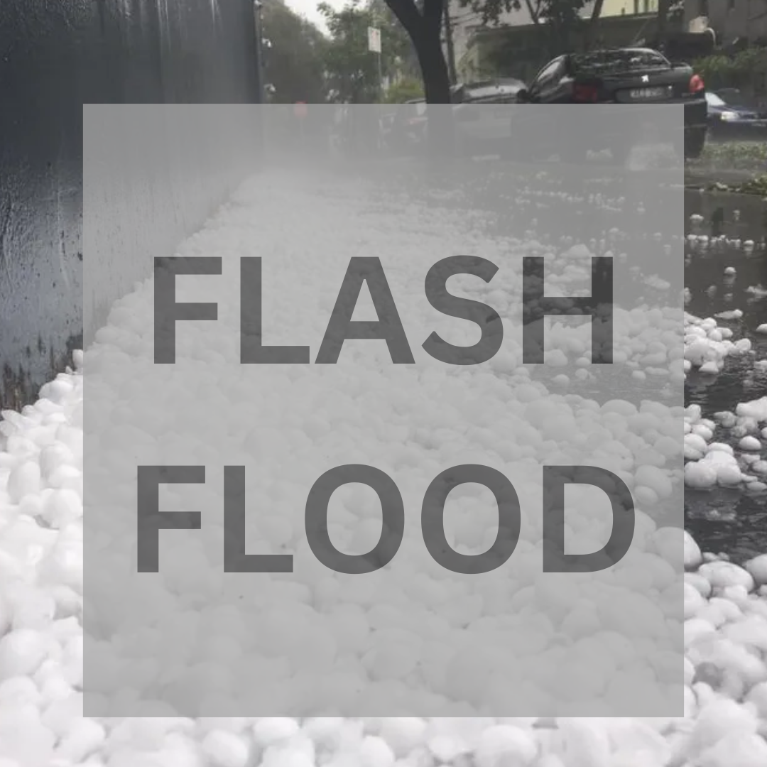 An image of hail piled against a wall with the words FLASH FLOOD superimposed